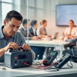 Engineer using a multimeter to test a portable power station at a lab bench, sharply in focus, with a glass partition separating them from a softly blurred business meeting, symbolizing editorial independence from commercial influence.