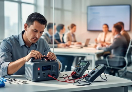 Engineer using a multimeter to test a portable power station at a lab bench, sharply in focus, with a glass partition separating them from a softly blurred business meeting, symbolizing editorial independence from commercial influence.