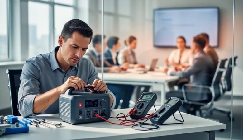 Engineer using a multimeter to test a portable power station at a lab bench, sharply in focus, with a glass partition separating them from a softly blurred business meeting, symbolizing editorial independence from commercial influence.
