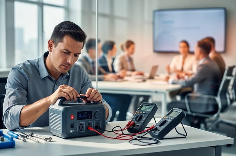Engineer using a multimeter to test a portable power station at a lab bench, sharply in focus, with a glass partition separating them from a softly blurred business meeting, symbolizing editorial independence from commercial influence.