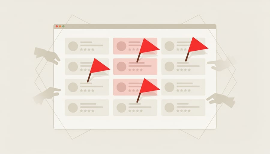 Hand placing red warning flag next to laptop showing product review website