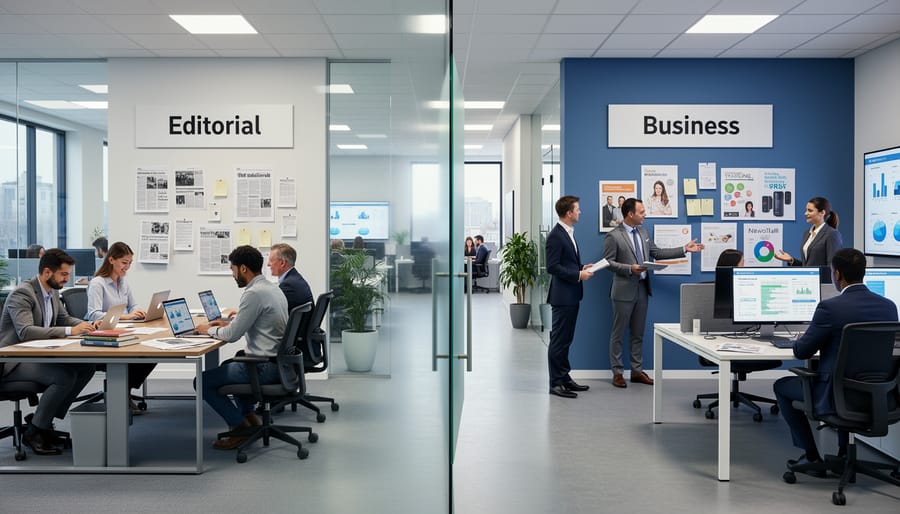 Two separate office spaces showing editorial team and business team working independently