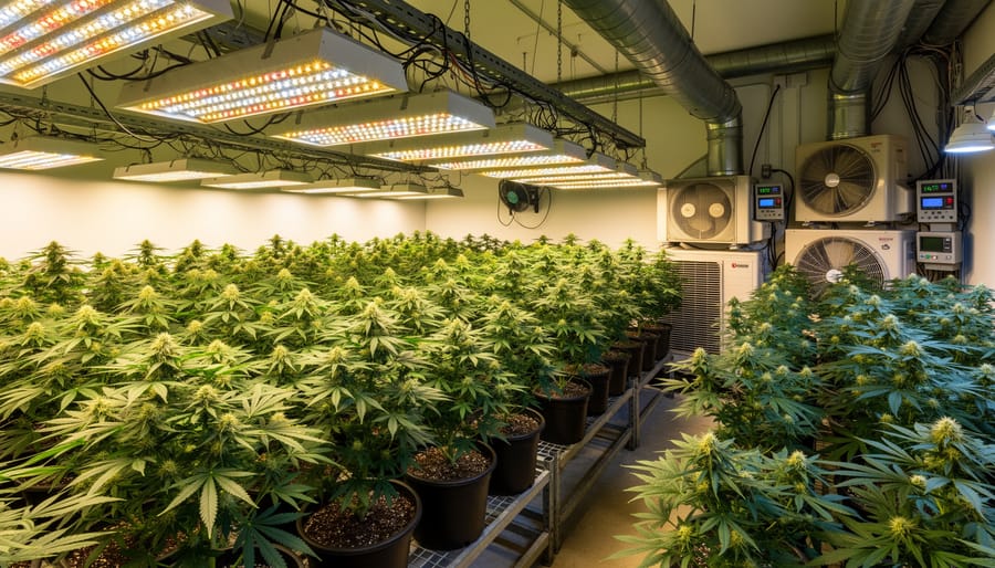 Cannabis plants under bright LED grow lights with visible climate-control equipment in the background.