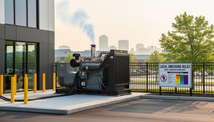 Diesel generator outdoors with exhaust plume visible, emphasizing environmental considerations.