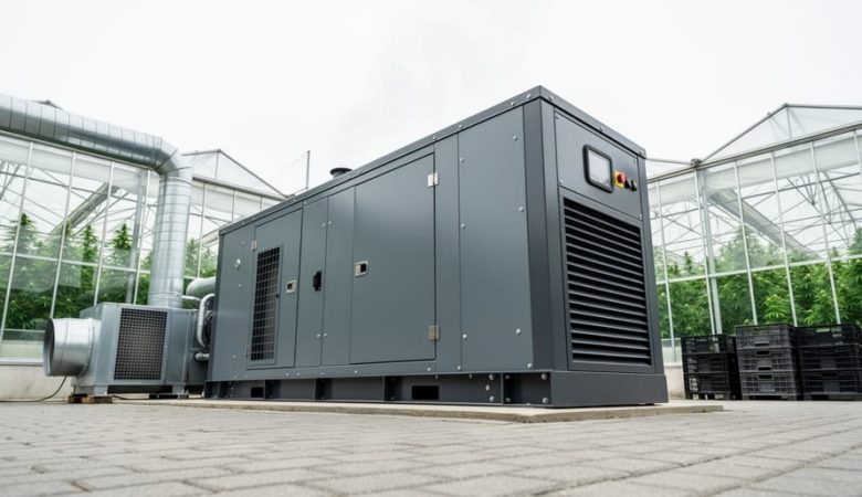 Large industrial diesel generator installed at a cannabis production facility with greenhouse buildings blurred in the background, conveying reliable 24/7 power readiness.