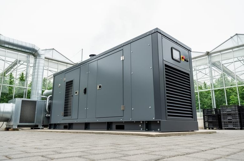 Large industrial diesel generator installed at a cannabis production facility with greenhouse buildings blurred in the background, conveying reliable 24/7 power readiness.