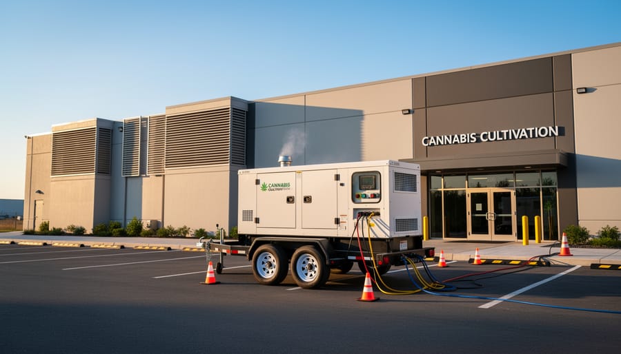 Mobile diesel generator unit staged outdoors on a concrete pad near an electrical transfer area.