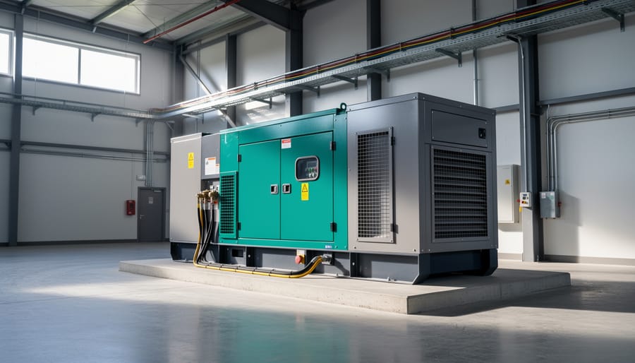 Stationary diesel industrial generator set in a sound-attenuating enclosure at an industrial facility.