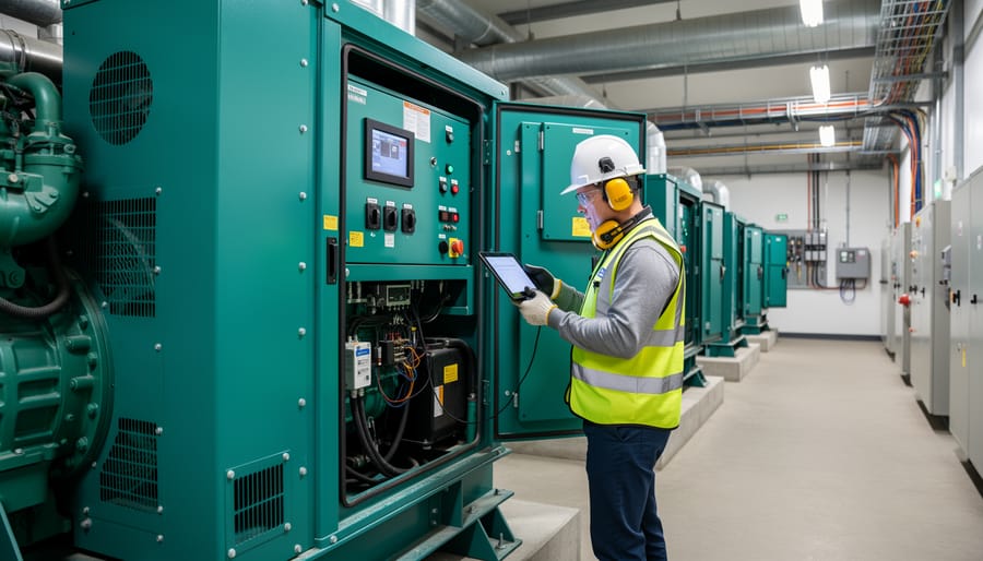 Technician inspecting a diesel generator component during routine maintenance inside an enclosure.