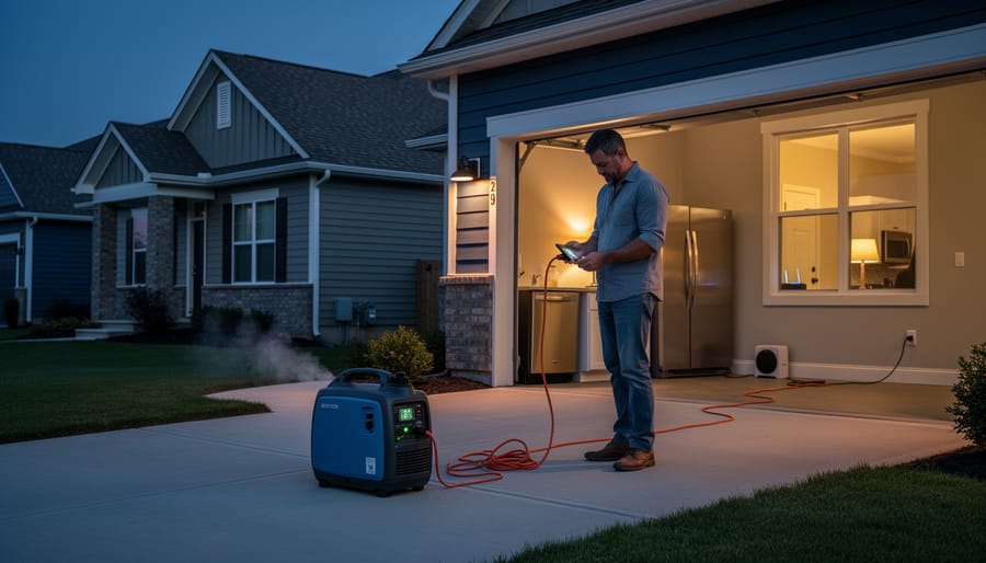 Homeowner plugging appliances into an inverter generator during an outage beside a suburban driveway