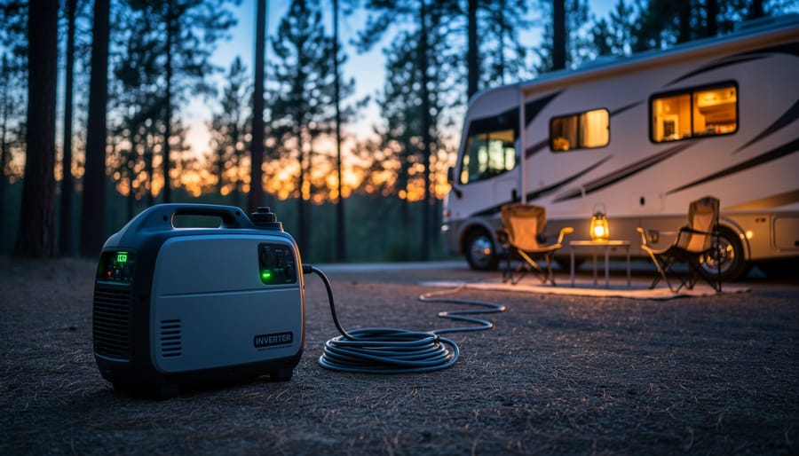 Inverter generator near an RV campsite at dusk with warm lights and cool blue sky