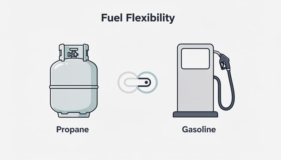 Propane cylinder and gas canister placed next to a dual-fuel inverter generator