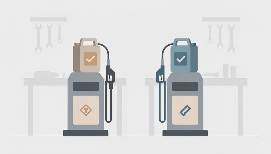 Dual-fuel inverter generator next to gas and propane fuel containers in a workshop