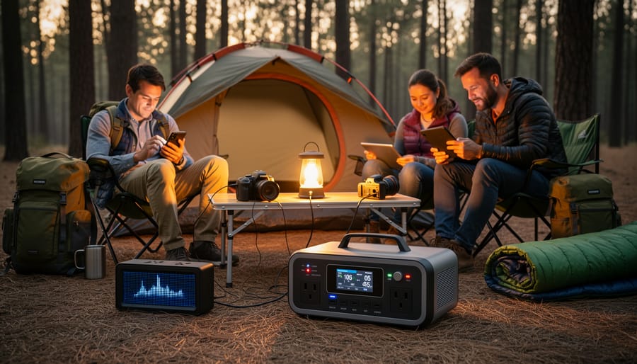 Camping tent and lantern being powered by an inverter generator outdoors