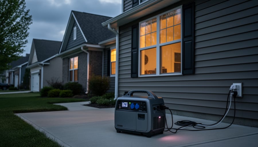 Inverter generator on a residential patio with cords running toward a home during daylight