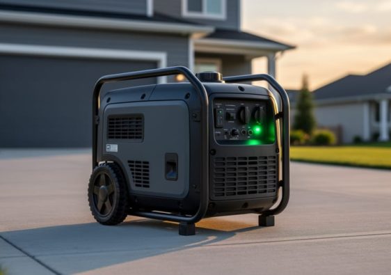 Portable inverter generator on a driveway beside a home, shown in three-quarter view with soft evening lighting and no visible text.