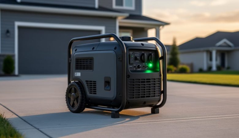 Portable inverter generator on a driveway beside a home, shown in three-quarter view with soft evening lighting and no visible text.