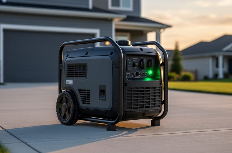Portable inverter generator on a driveway beside a home, shown in three-quarter view with soft evening lighting and no visible text.