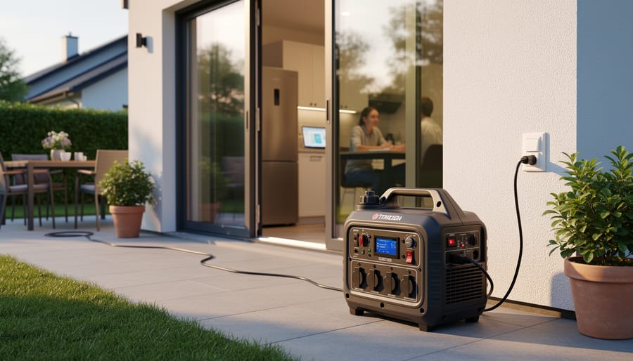 Inverter generator placed on a driveway near a portable power setup under overcast daylight